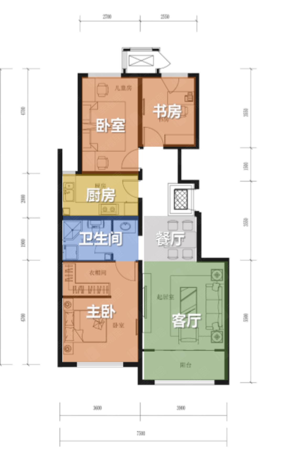 3室2厅1卫建面95m²南北户型图