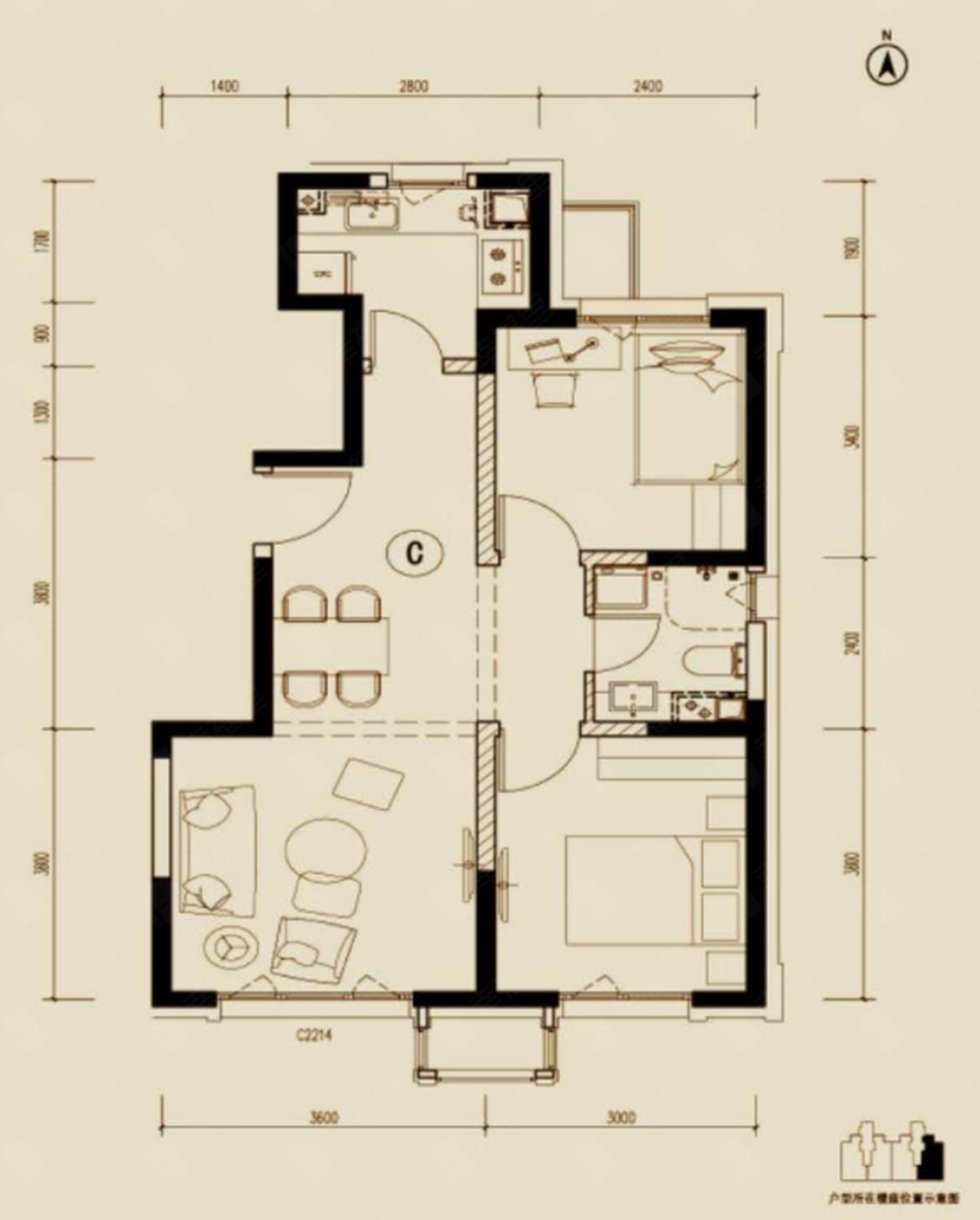 2室2厅1卫建面85m²南北户型图